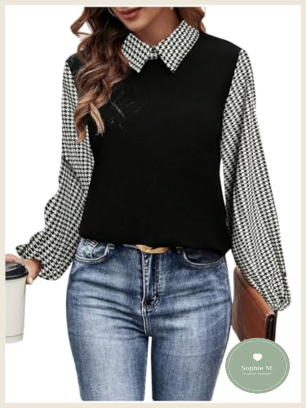 Women's Houndstooth Collared Long Sleeve Blouse Office Work Top